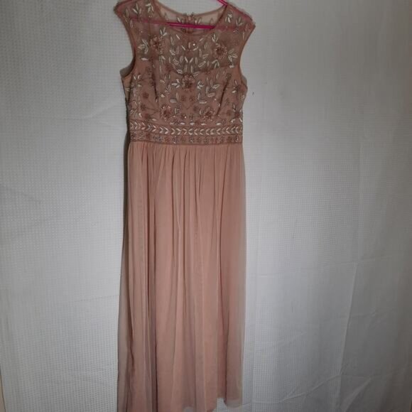 Adrianna Papell Beaded Mesh Gown Pink Floral Embroidery Dress Size 12 Formal - Picture 1 of 10